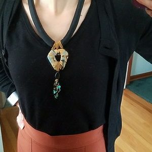 Silk Band Beaded & Clay Pendant Necklace